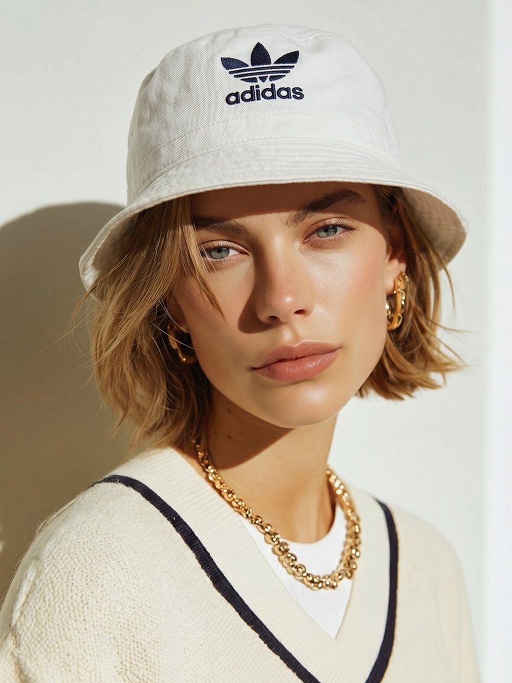 adidas Cream Bucket Hat with Black Trefoil